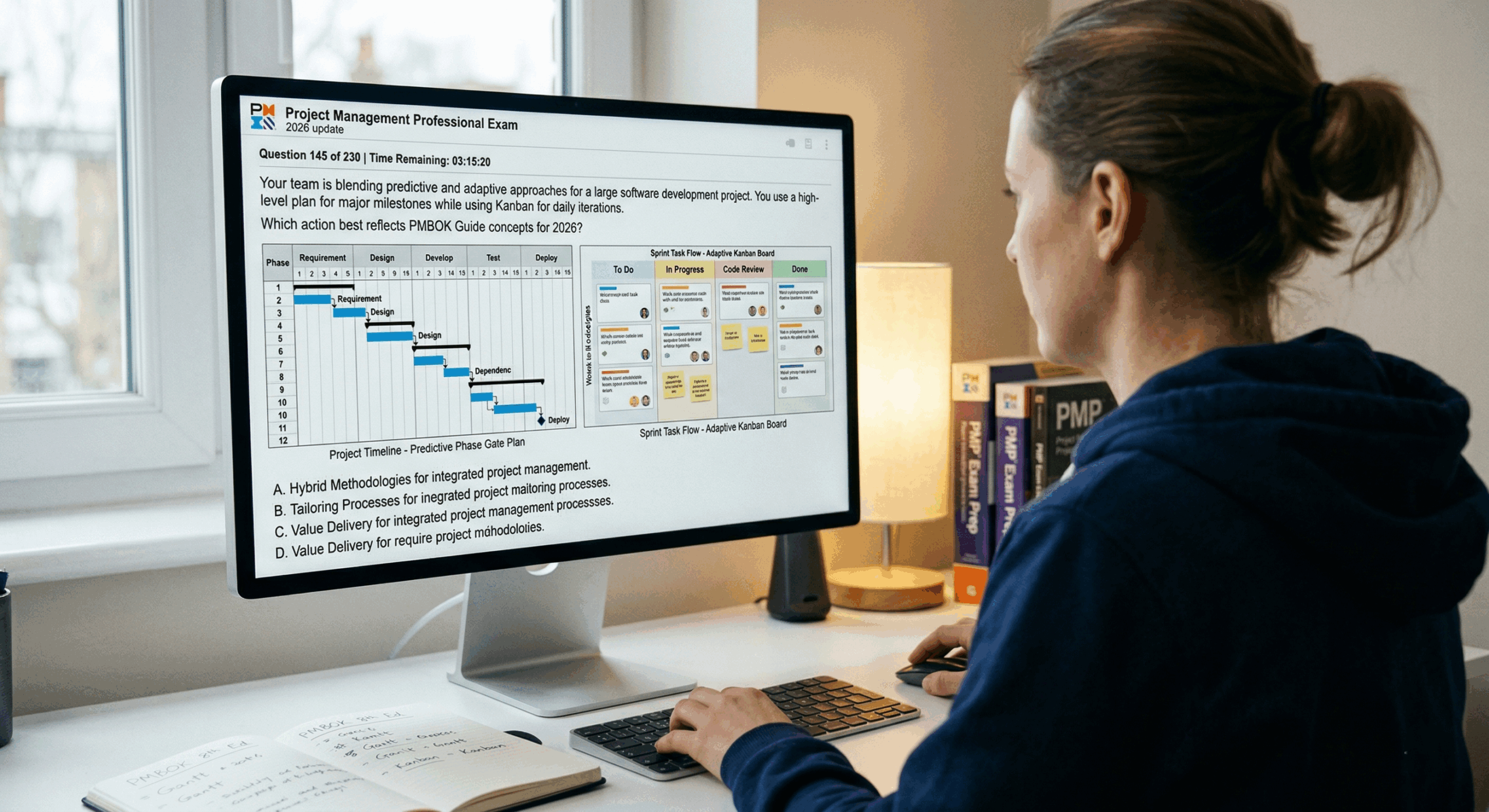 A PMP exam question on screen with a Gantt chart and Kanban board visible side by side