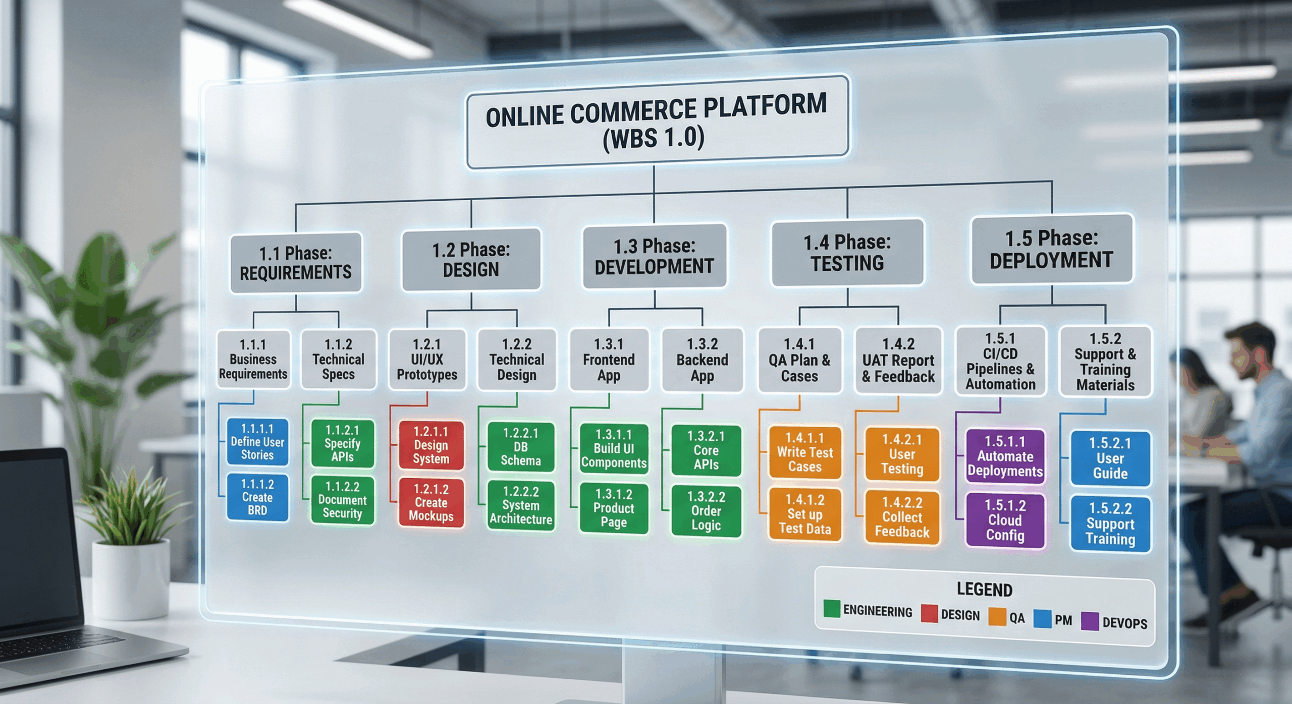 A clean tree-diagram WBS showing a software project broken into phases, deliverables, and work packages — colour-coded by team