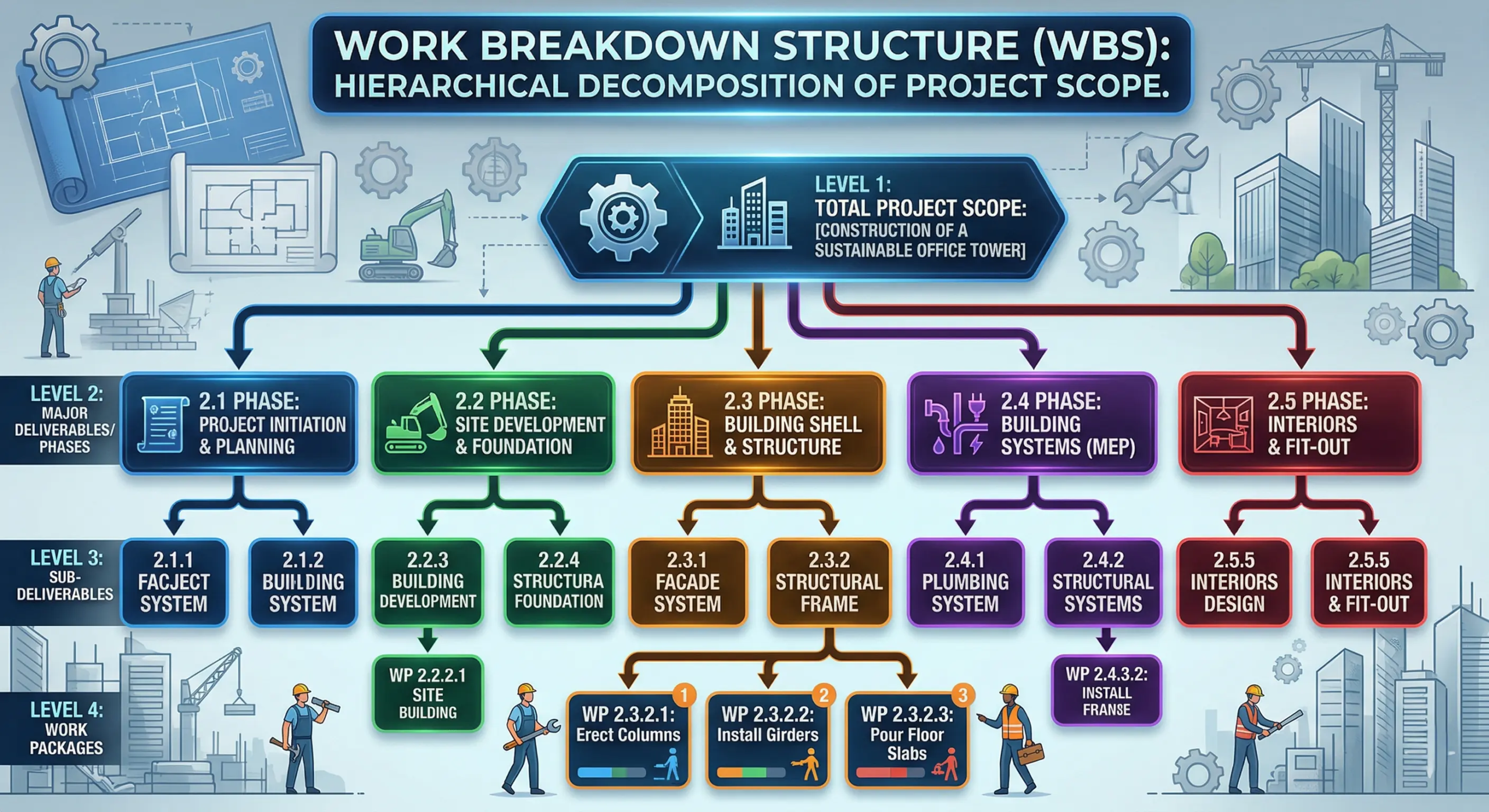A hierarchical decomposition of the total project scope into smaller, manageable components called work packages.