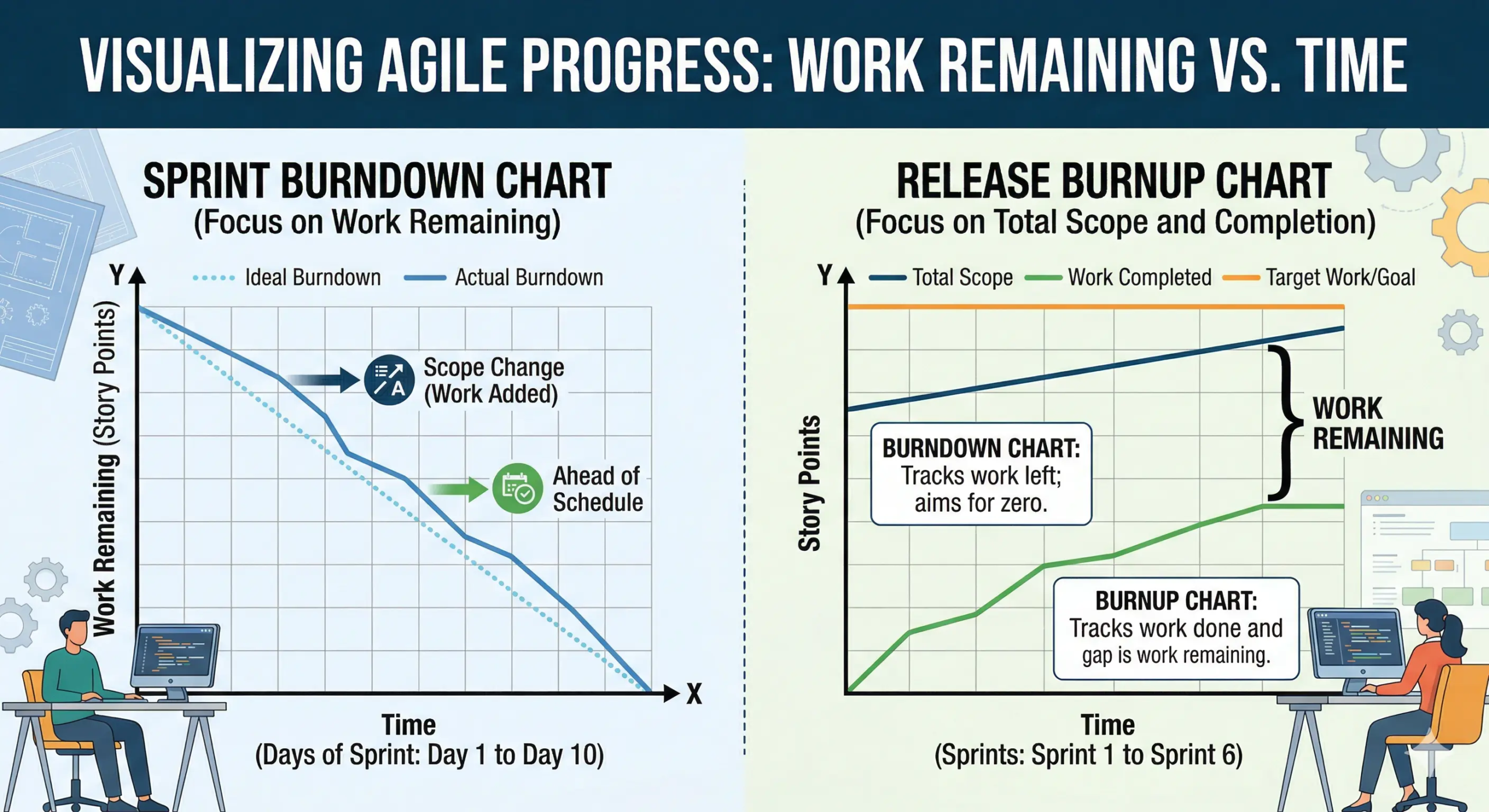 A graphical representation of work remaining versus time in an Agile sprint or release.