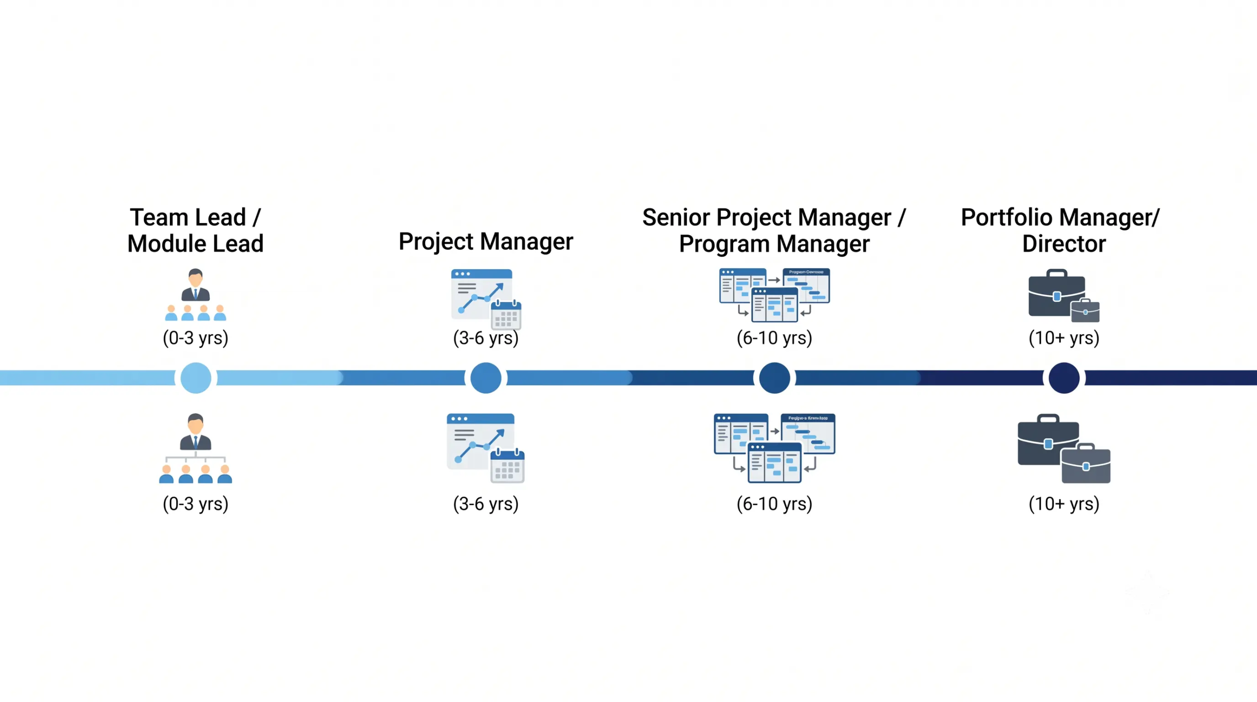 A clean horizontal career progression timeline infographic showing 4 stages